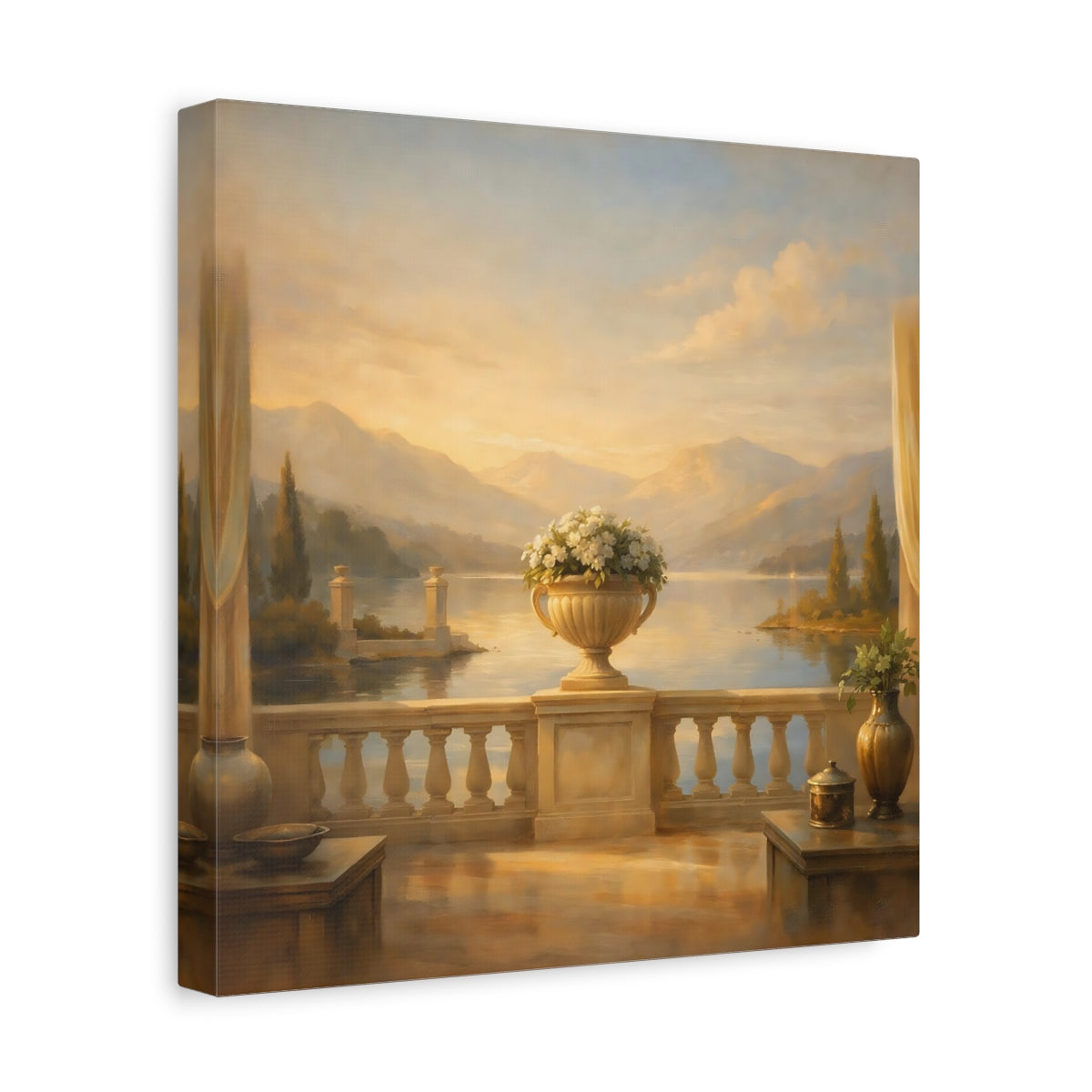 Side Mockup 8. Nature Lake View Warm Lake Landscape shown as stretched canvas wall art