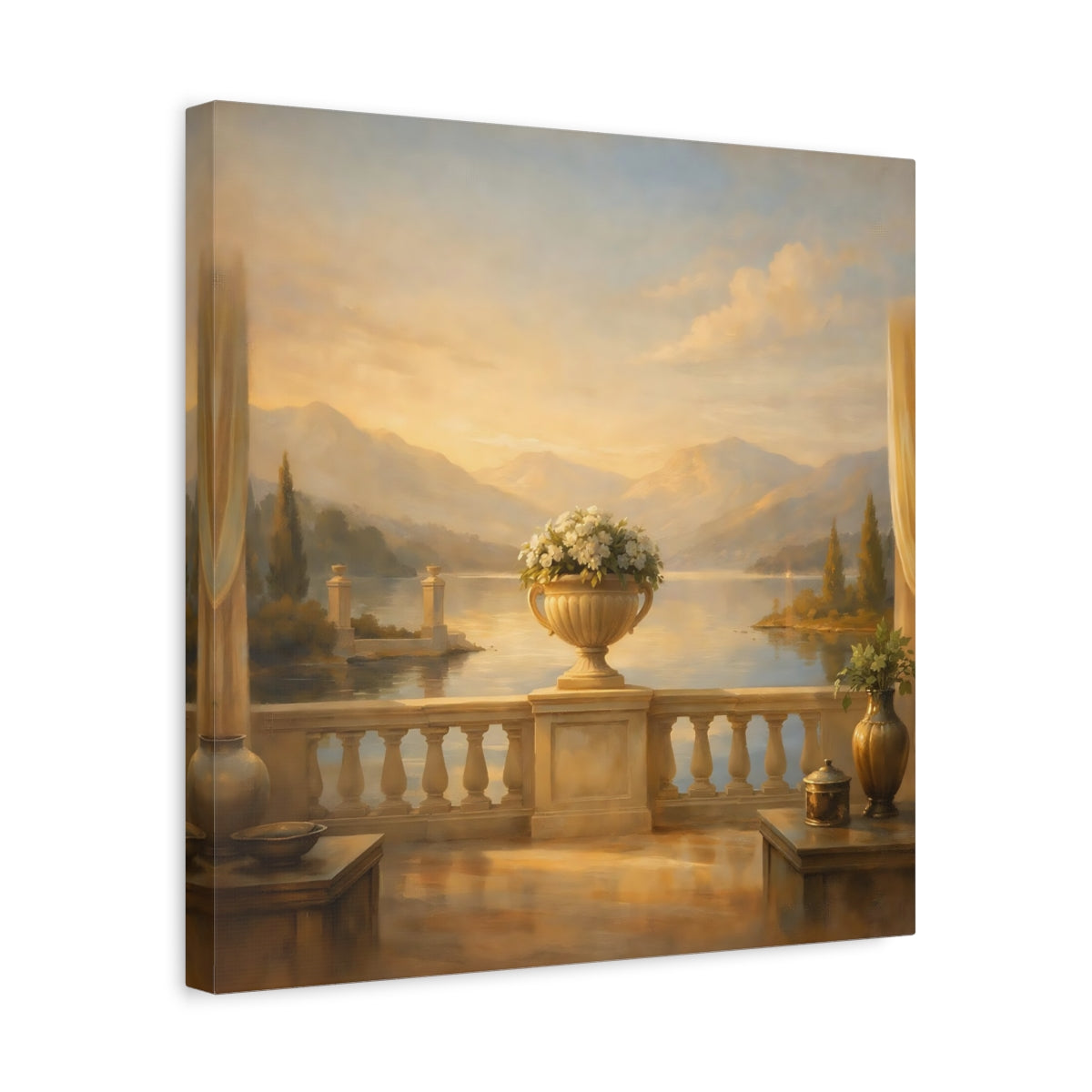 Side Mockup 6. Nature Lake View Warm Lake Landscape shown as stretched canvas wall art