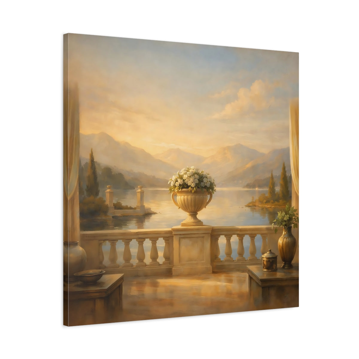 Side Mockup 3. Nature Lake View Warm Lake Landscape shown as stretched canvas wall art