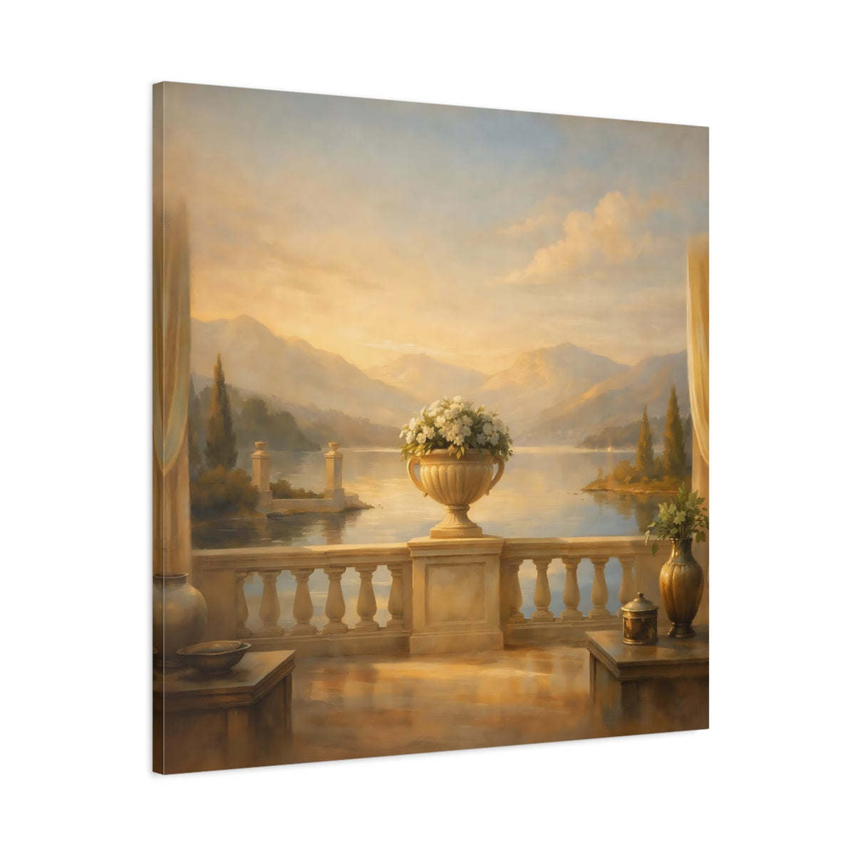 Side Mockup 2. Nature Lake View Warm Lake Landscape shown as stretched canvas wall art