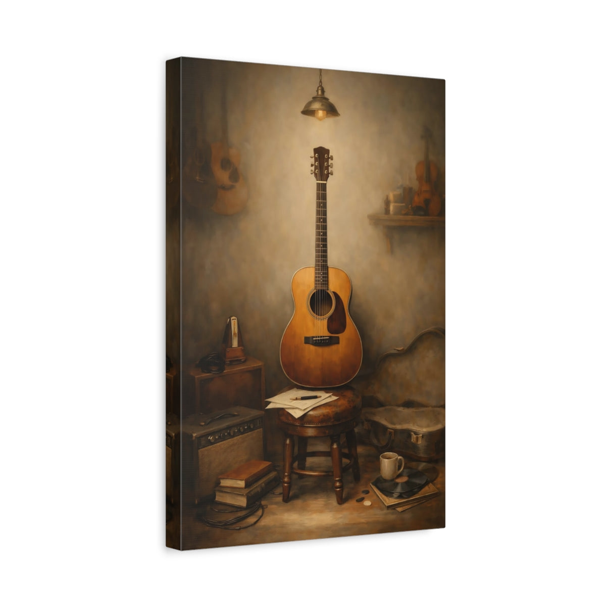 Side Mockup 4. Vintage Acoustic Guitar Vintage Guitar Still Life shown as stretched canvas wall art