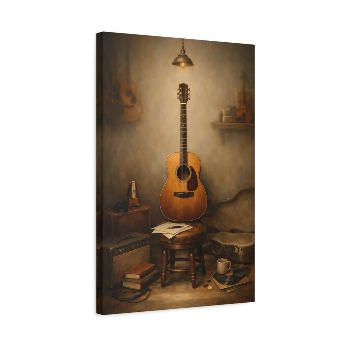 Side Mockup 3. Vintage Acoustic Guitar Vintage Guitar Still Life shown as stretched canvas wall art