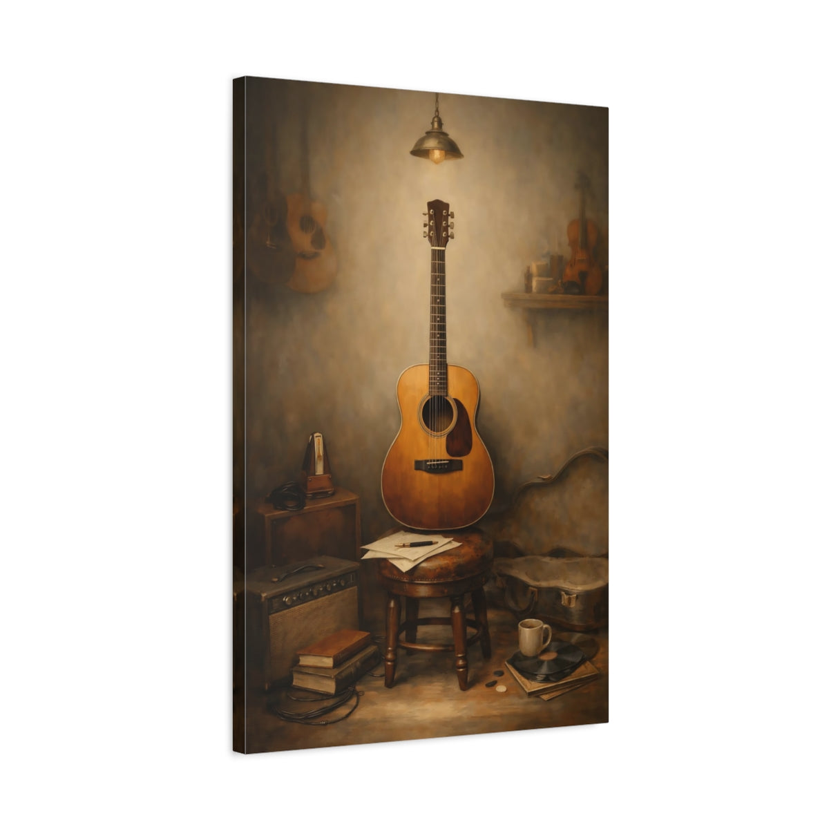 Side Mockup 2. Vintage Acoustic Guitar Vintage Guitar Still Life shown as stretched canvas wall art