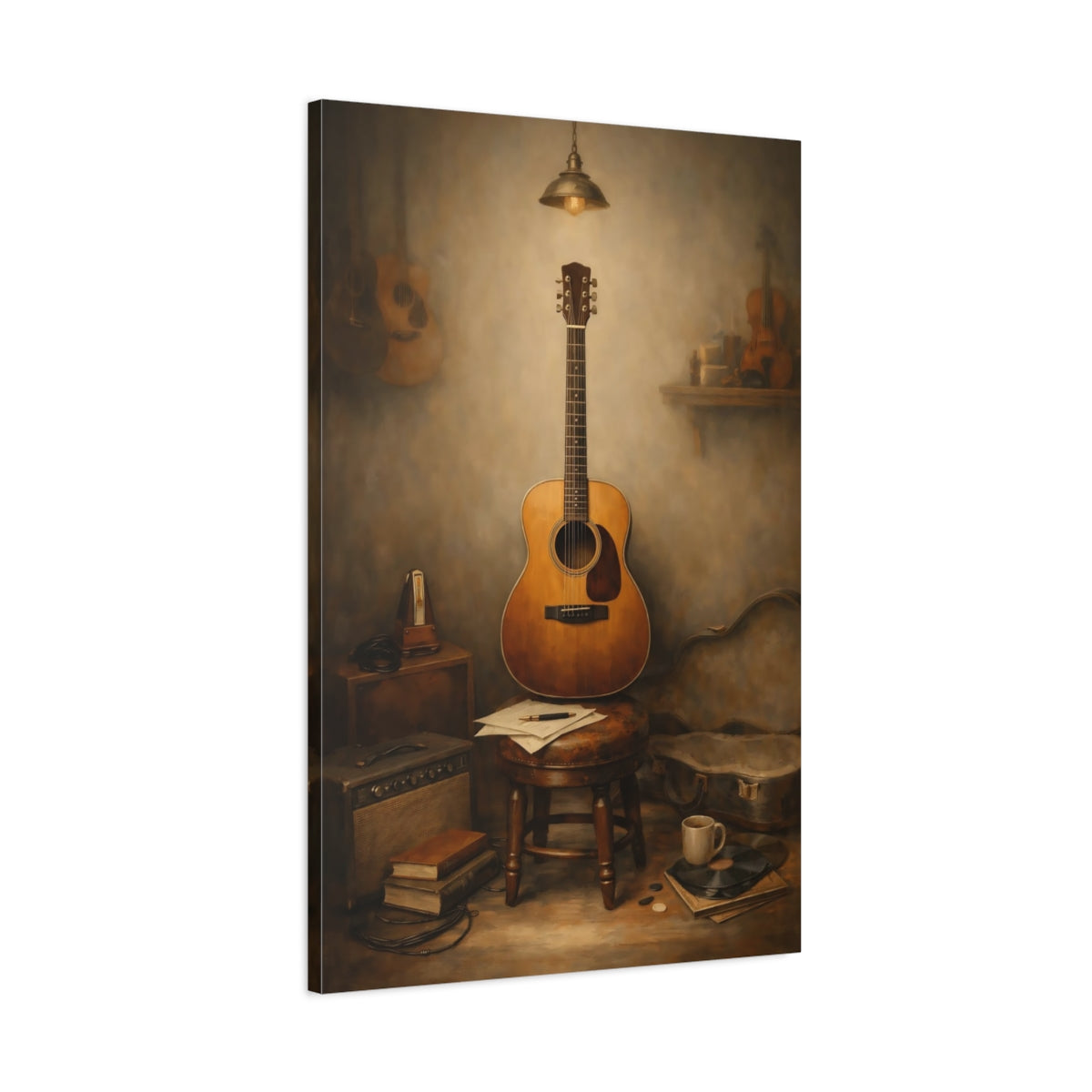 Side Mockup 1. Vintage Acoustic Guitar Vintage Guitar Still Life shown as stretched canvas wall art