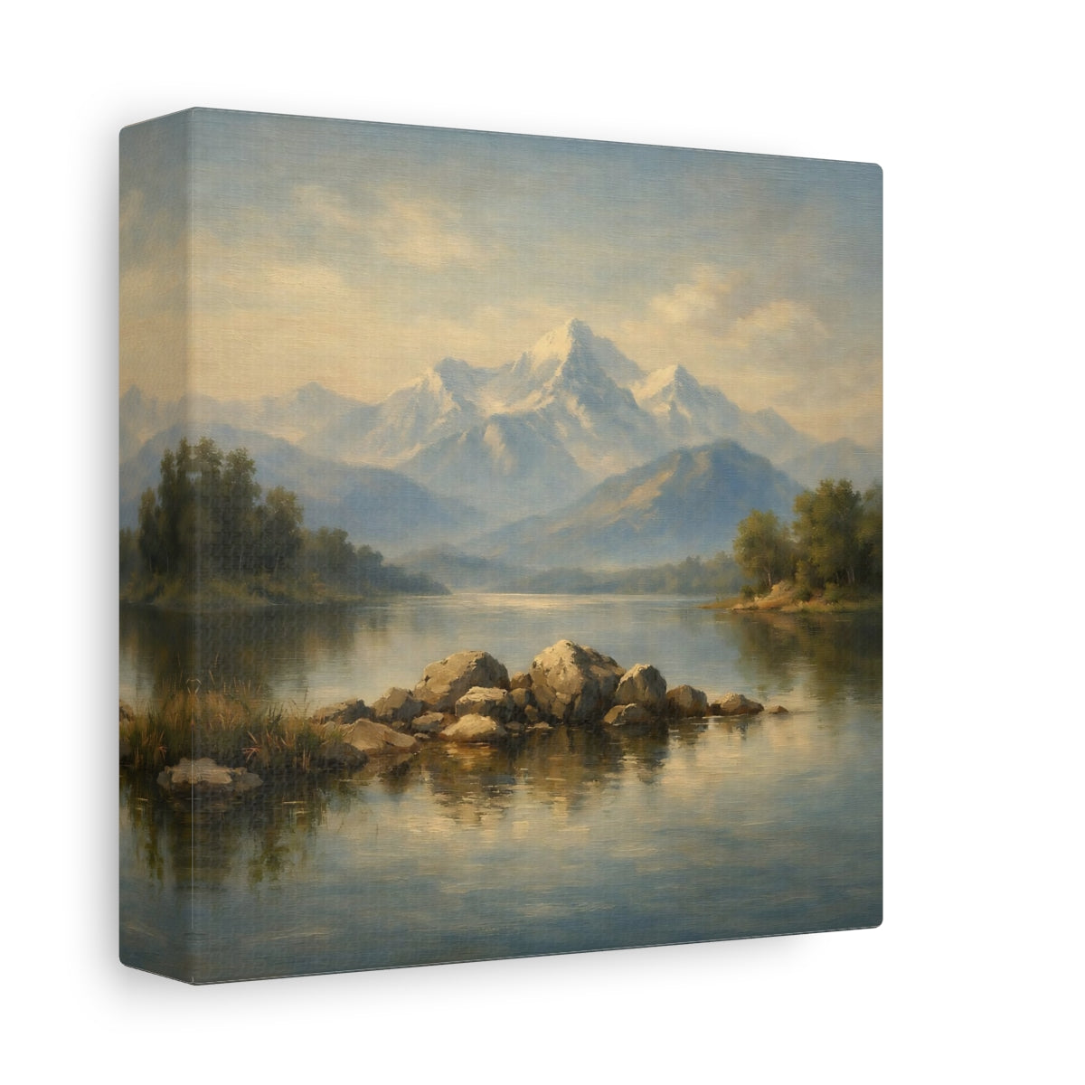 Side Mockup 1. Nature Mountain Lake Misty Mountain Lake shown as stretched canvas wall art