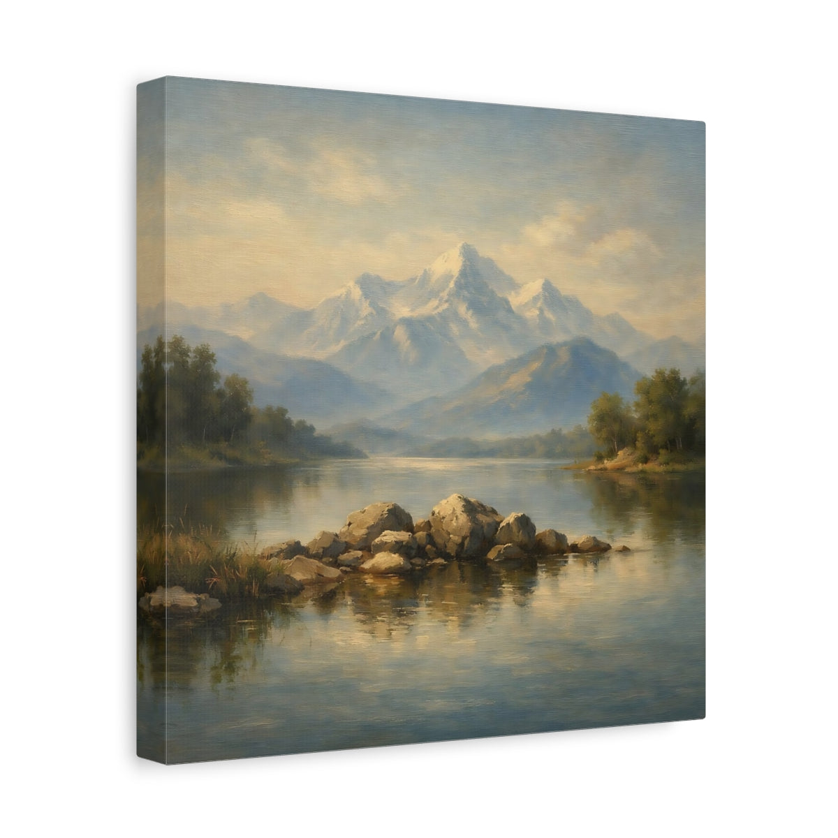 Side Mockup 8. Nature Mountain Lake Misty Mountain Lake shown as stretched canvas wall art