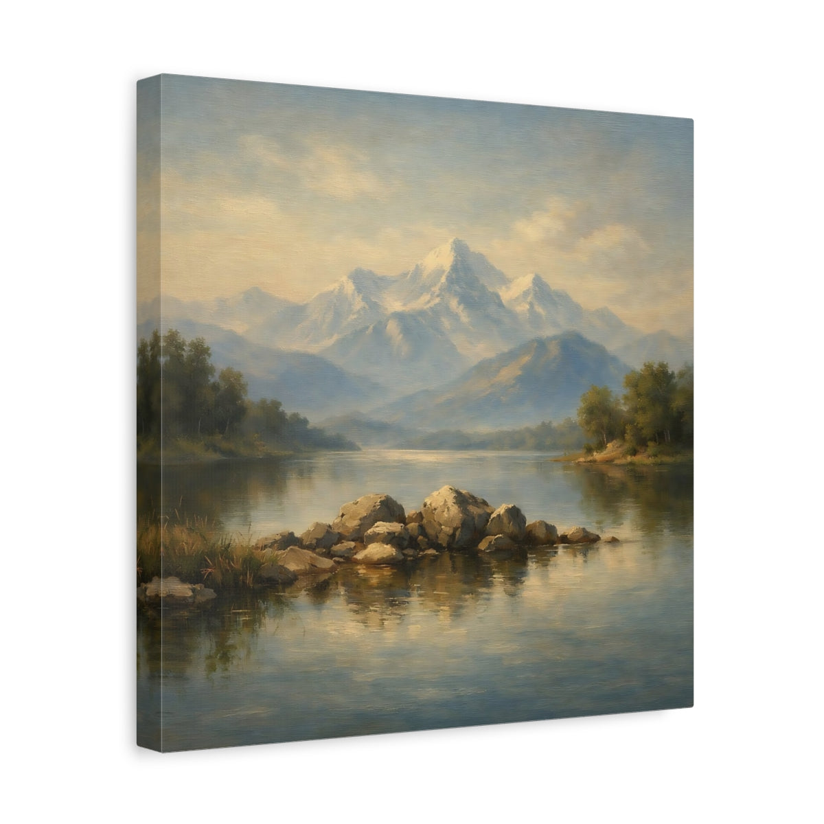 Side Mockup 7. Nature Mountain Lake Misty Mountain Lake shown as stretched canvas wall art