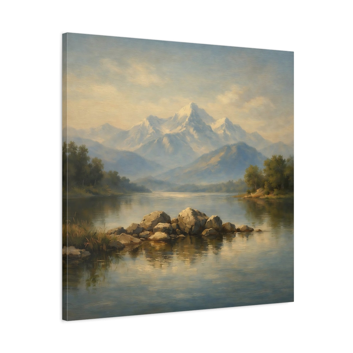 Side Mockup 3. Nature Mountain Lake Misty Mountain Lake shown as stretched canvas wall art