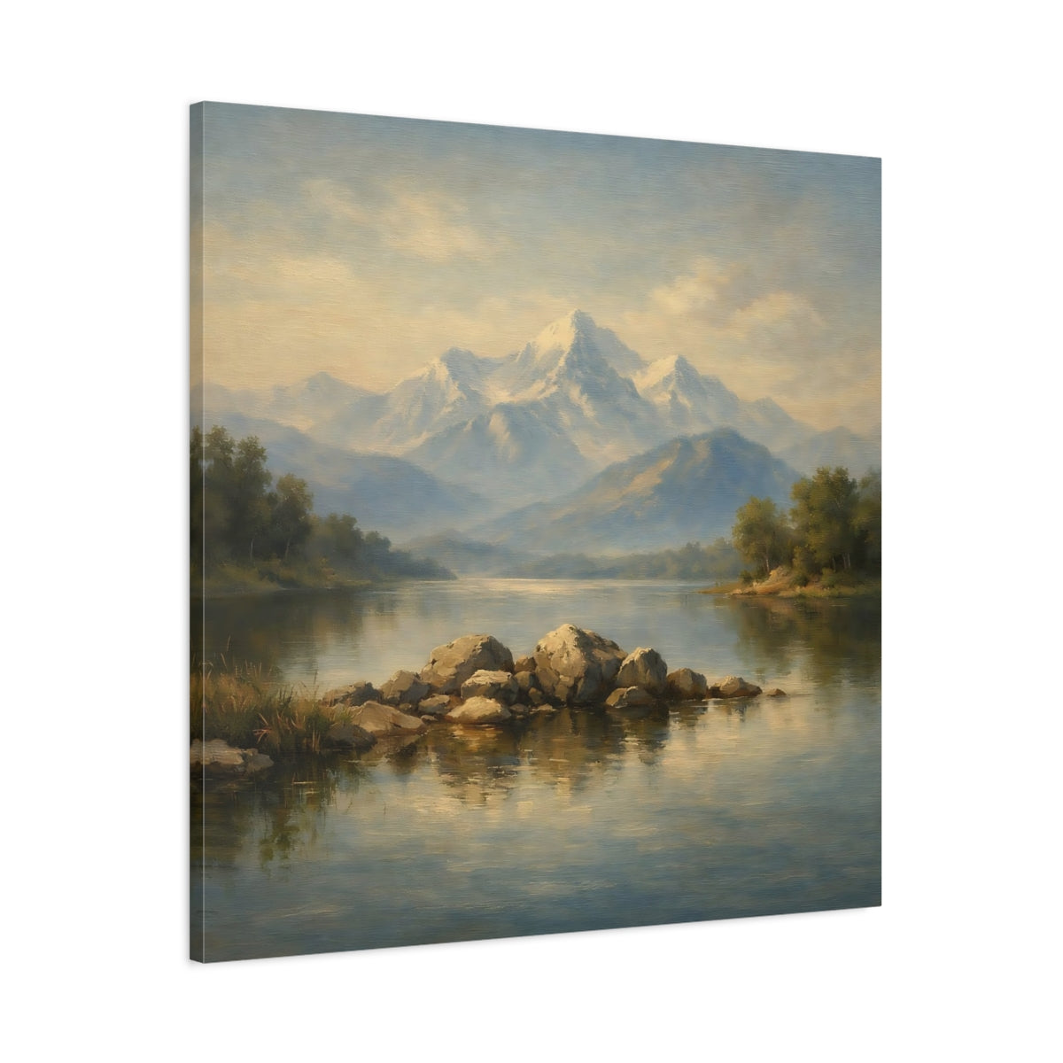 Side Mockup 2. Nature Mountain Lake Misty Mountain Lake shown as stretched canvas wall art