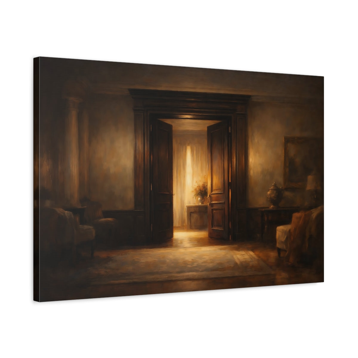 Side Mockup 2. Dark Dramatic Door Frame Soft Light Edge shown as stretched canvas wall art