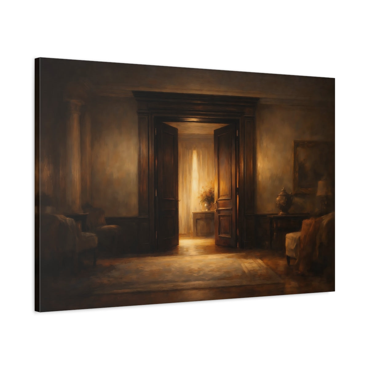 Side Mockup 1. Dark Dramatic Door Frame Soft Light Edge shown as stretched canvas wall art