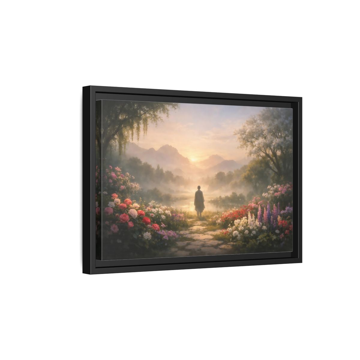 Side Mockup 2. Mist Depth Blooming Garden shown as stretched canvas wall art