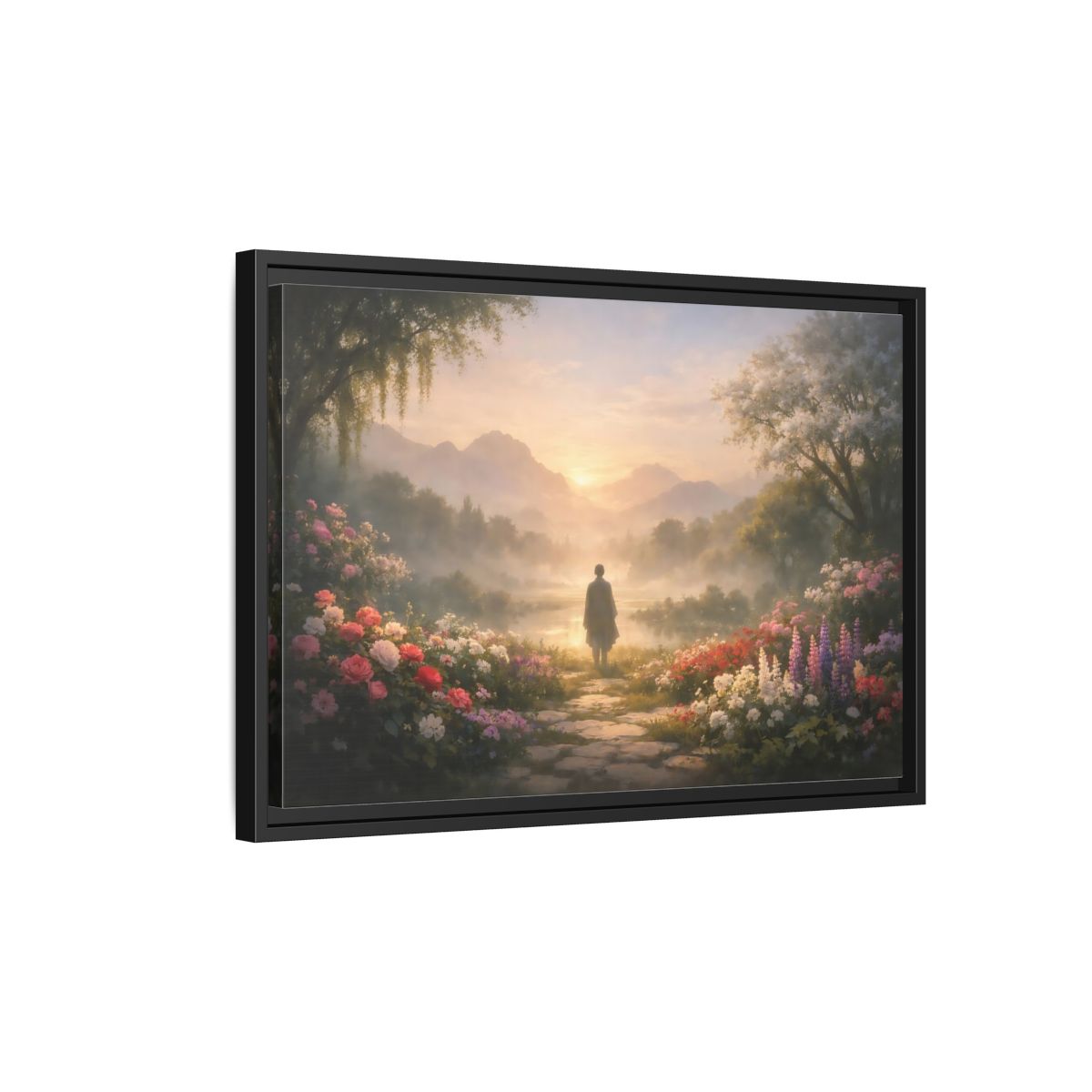 Side Mockup 1. Mist Depth Blooming Garden shown as stretched canvas wall art