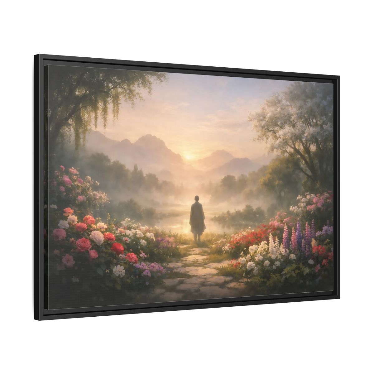 Side Mockup 3. Mist Depth Blooming Garden shown as stretched canvas wall art
