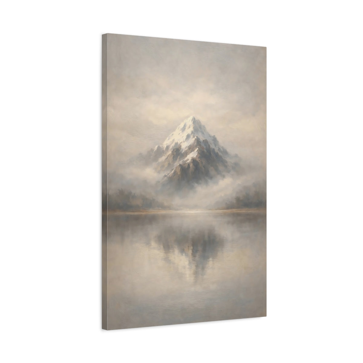 Side Mockup 2. Nature Snowy Mountain Grey And White Mountain shown as stretched canvas wall art