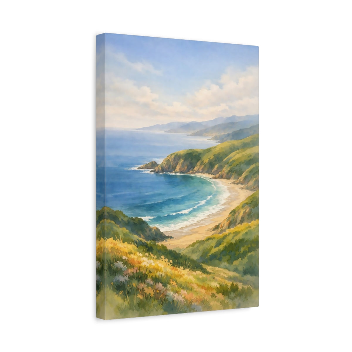 Side Mockup 4. Nature Coastal Landscape Blue And Green Landscape shown as stretched canvas wall art