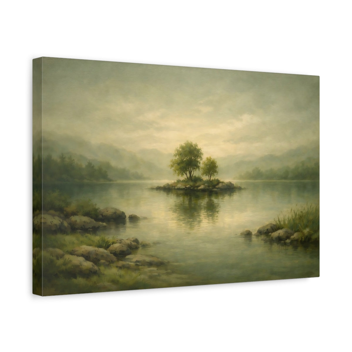 Side Mockup 4. Nature Island Trees Green Lake Landscape shown as stretched canvas wall art