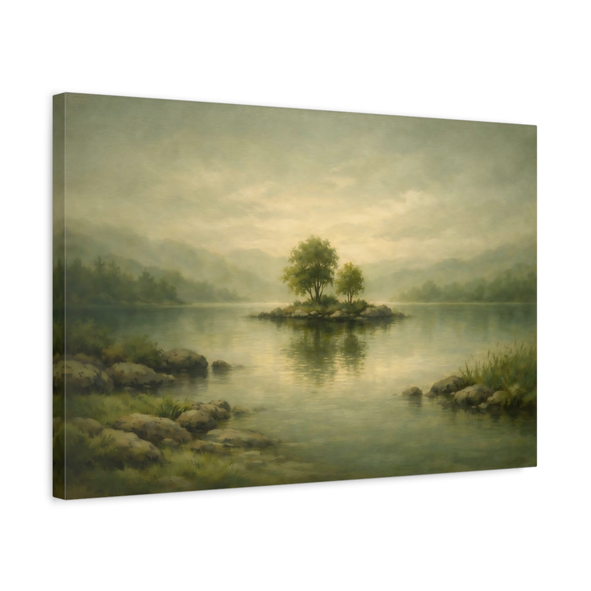 Side Mockup 3. Nature Island Trees Green Lake Landscape shown as stretched canvas wall art