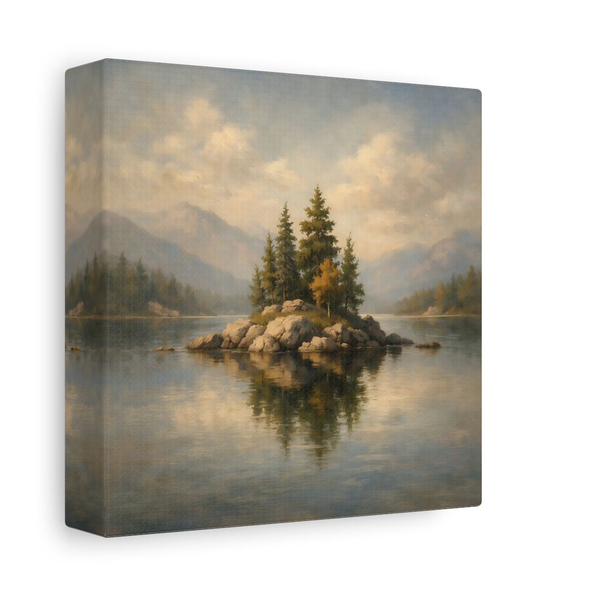Side Mockup 1. Nature Rocky Island Lake Island Landscape shown as stretched canvas wall art