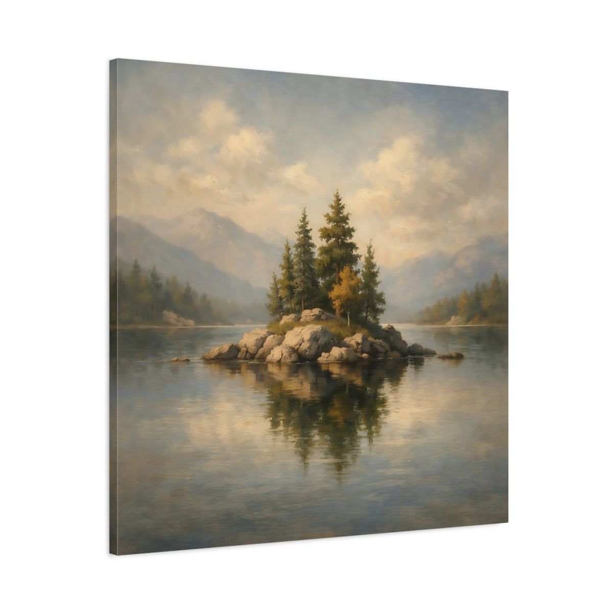 Side Mockup 2. Nature Rocky Island Lake Island Landscape shown as stretched canvas wall art