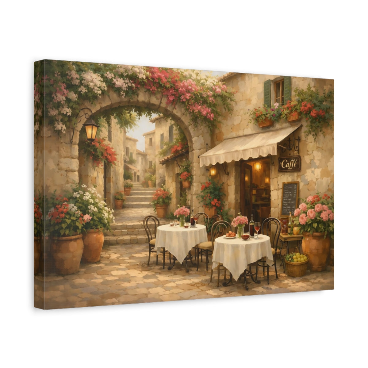 Floral Italian Alley Cafe Outdoor Vintage - Canvas Wall Art Print