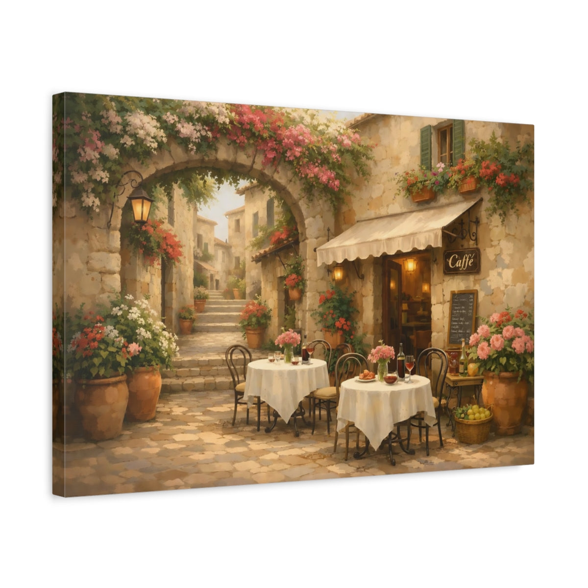 Floral Italian Alley Cafe Outdoor Vintage - Canvas Wall Art Print