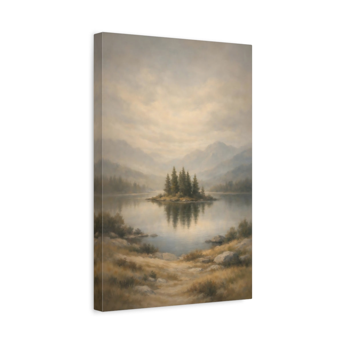 Side Mockup 4. Nature Lake Island Misty Lake shown as stretched canvas wall art