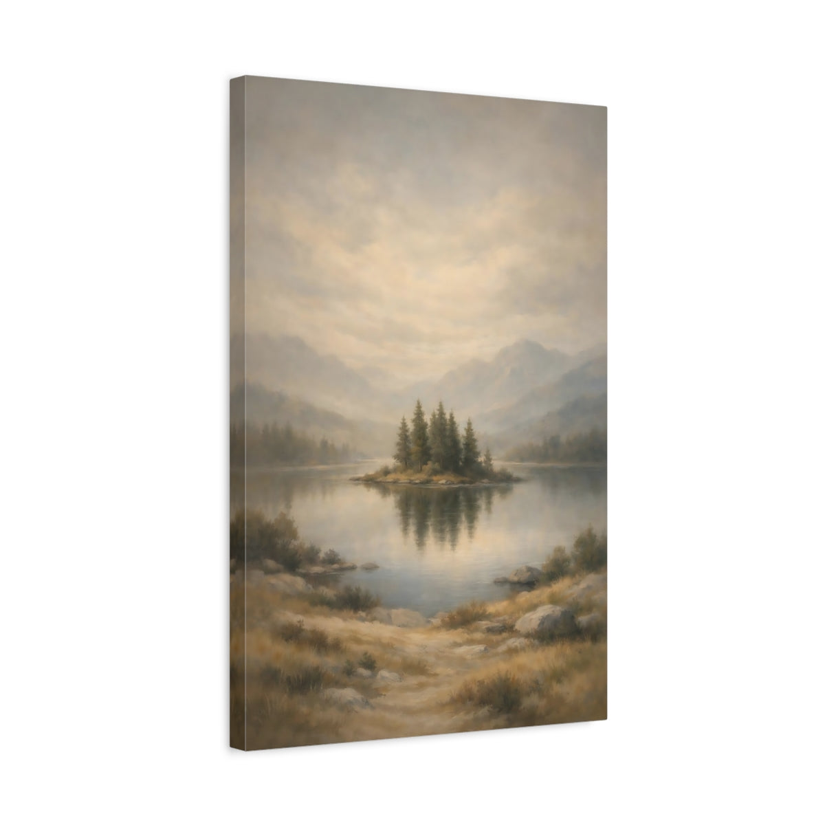 Side Mockup 3. Nature Lake Island Misty Lake shown as stretched canvas wall art