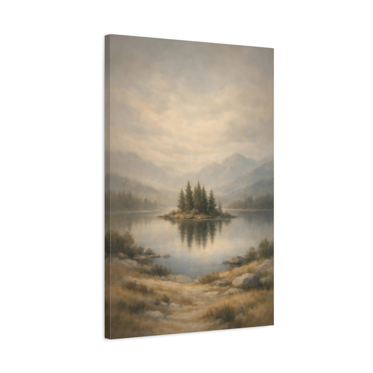 Side Mockup 2. Nature Lake Island Misty Lake shown as stretched canvas wall art