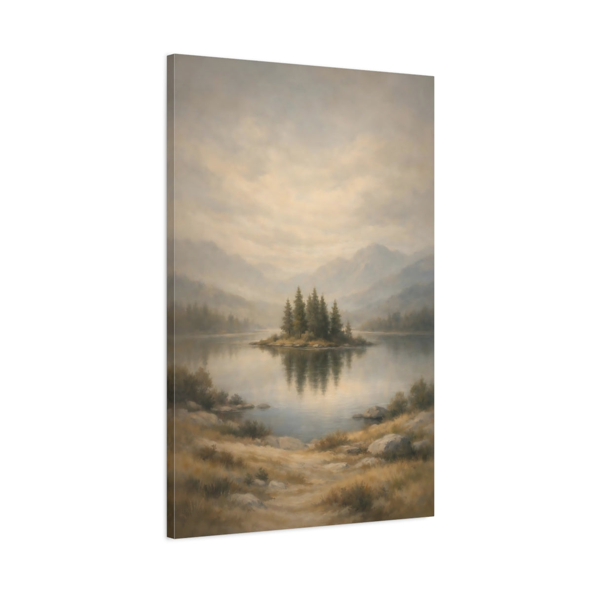 Side Mockup 1. Nature Lake Island Misty Lake shown as stretched canvas wall art