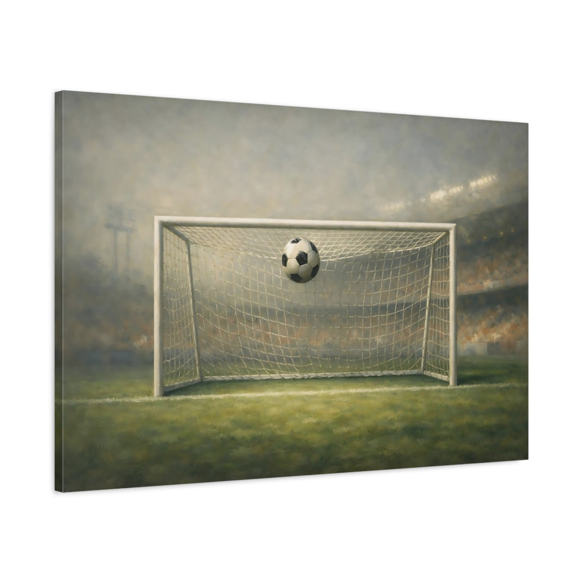 Side Mockup 1. Concrete Texture Soccer Goal Moment Wide Shot shown as stretched canvas wall art
