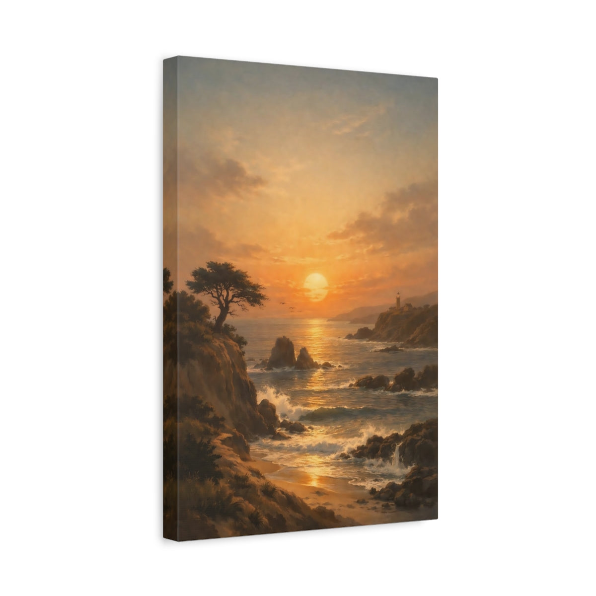 Side Mockup 4. Nature Coastal Sunset Coastal Sunset Orange shown as stretched canvas wall art