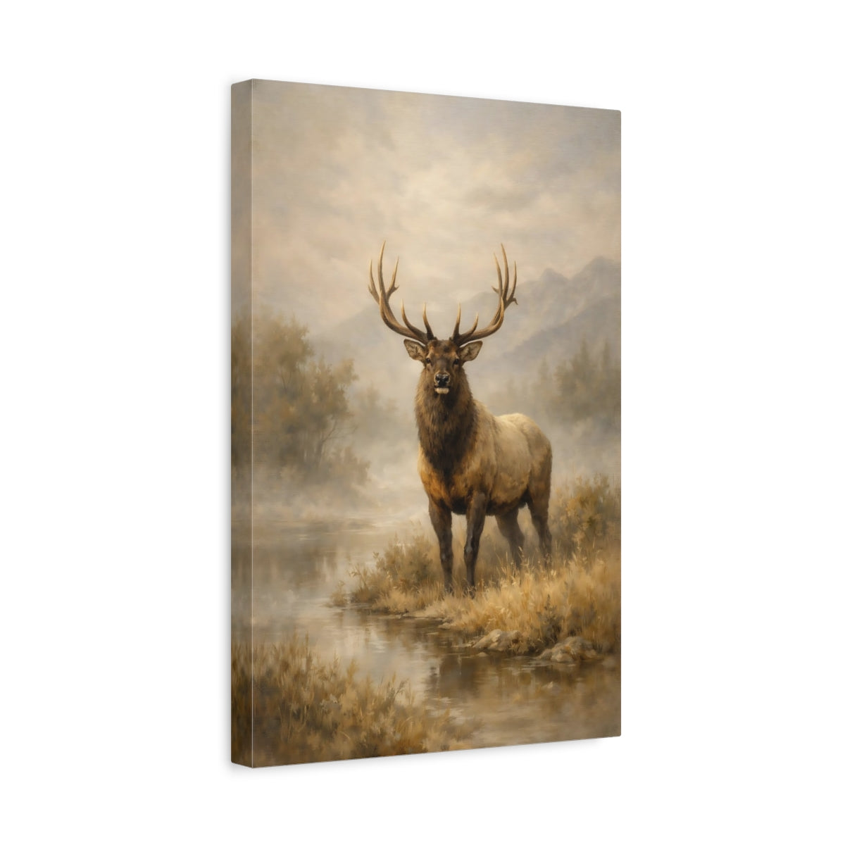 Side Mockup 4. Animals Elk Elk In Mist shown as stretched canvas wall art