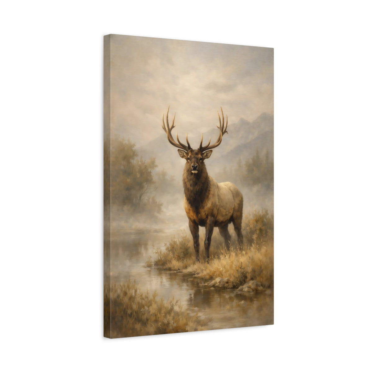 Side Mockup 3. Animals Elk Elk In Mist shown as stretched canvas wall art