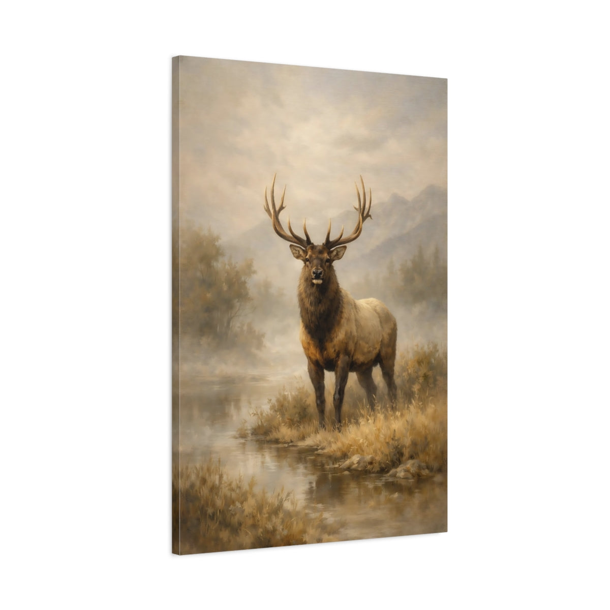Side Mockup 1. Animals Elk Elk In Mist shown as stretched canvas wall art