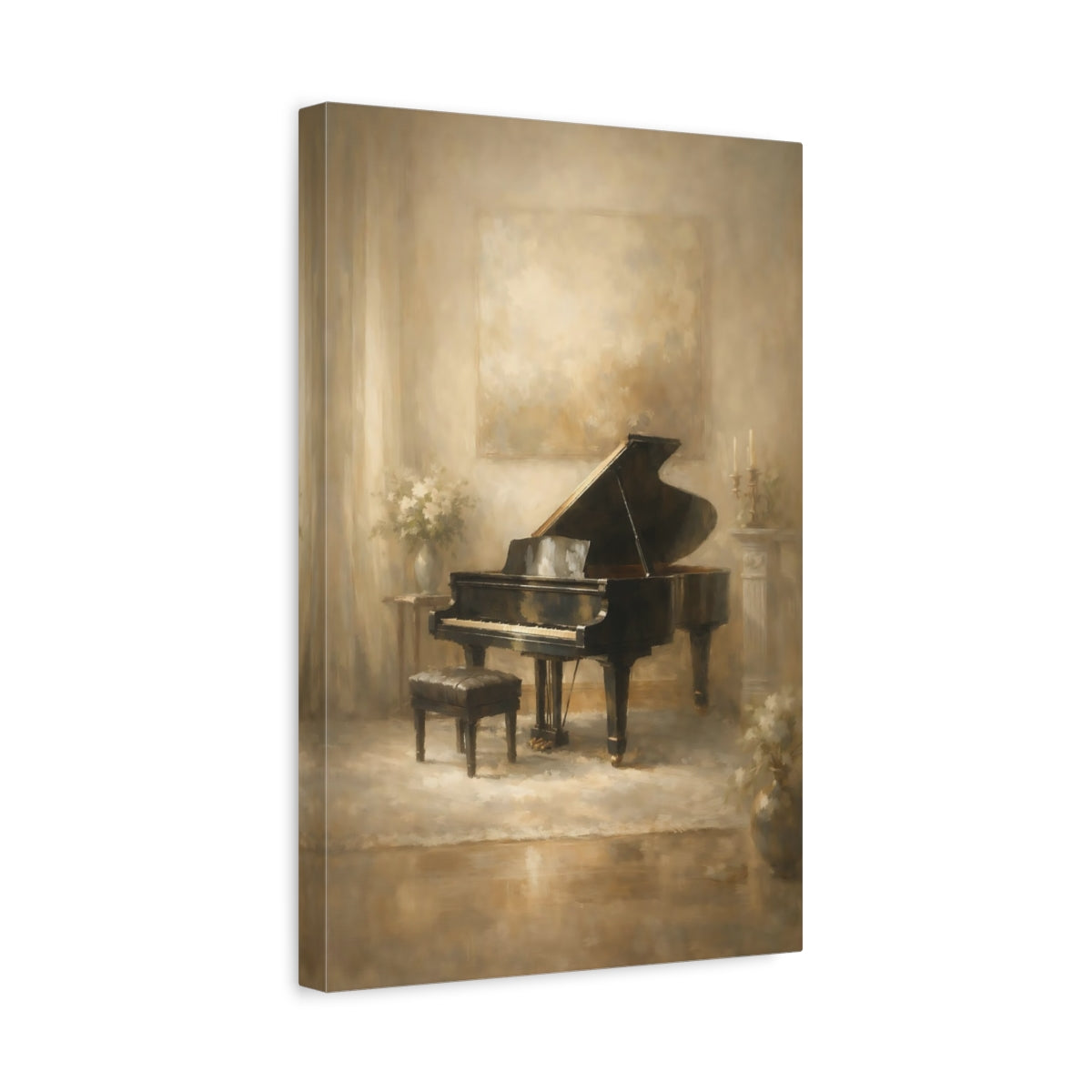 Side Mockup 4. Vintage Grand Piano Sepia Piano shown as stretched canvas wall art