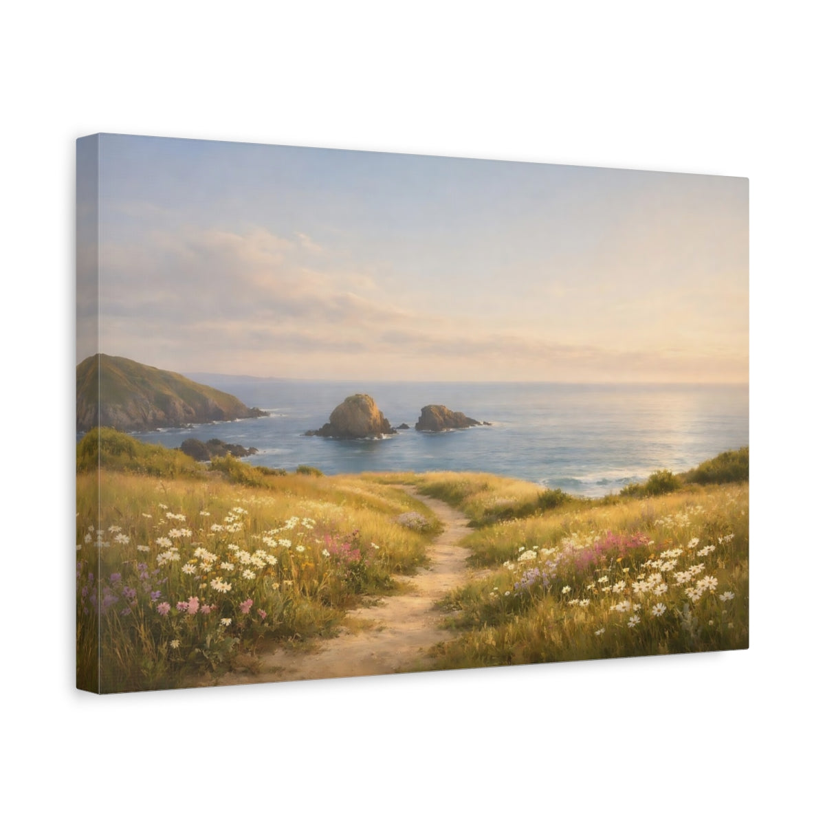 Side Mockup 4. Seascape Seaside Meadow shown as stretched canvas wall art