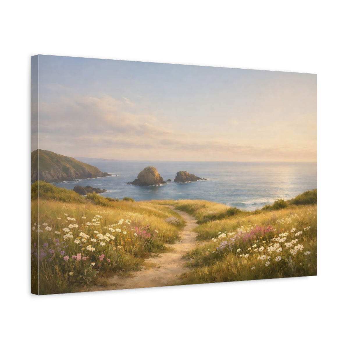 Side Mockup 3. Seascape Seaside Meadow shown as stretched canvas wall art