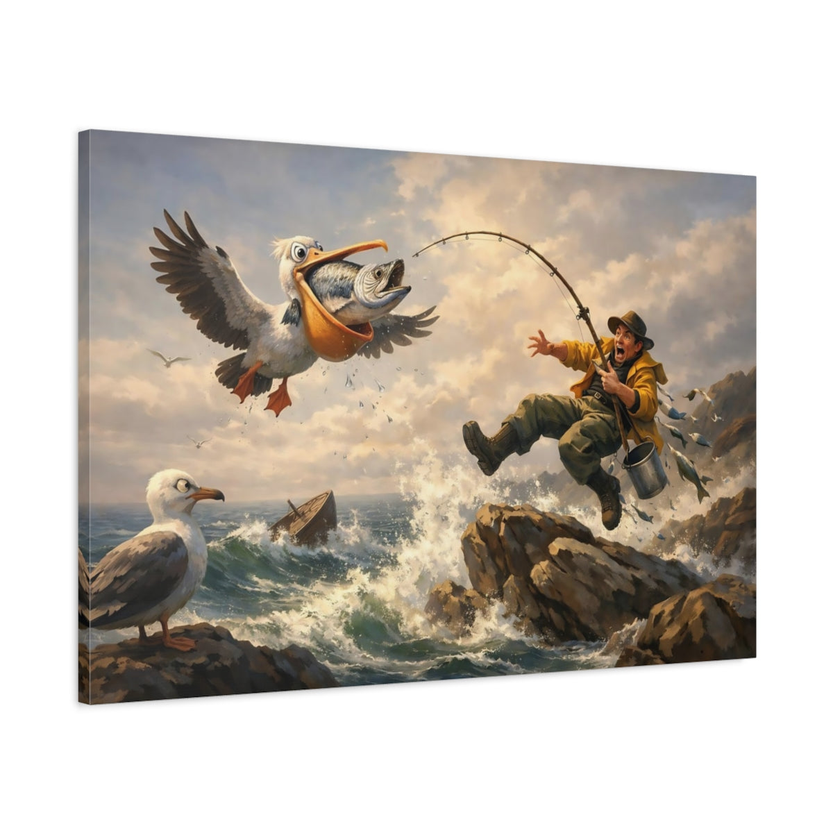 Funny Pelican Fishing Ocean - Canvas Wall Art Print
