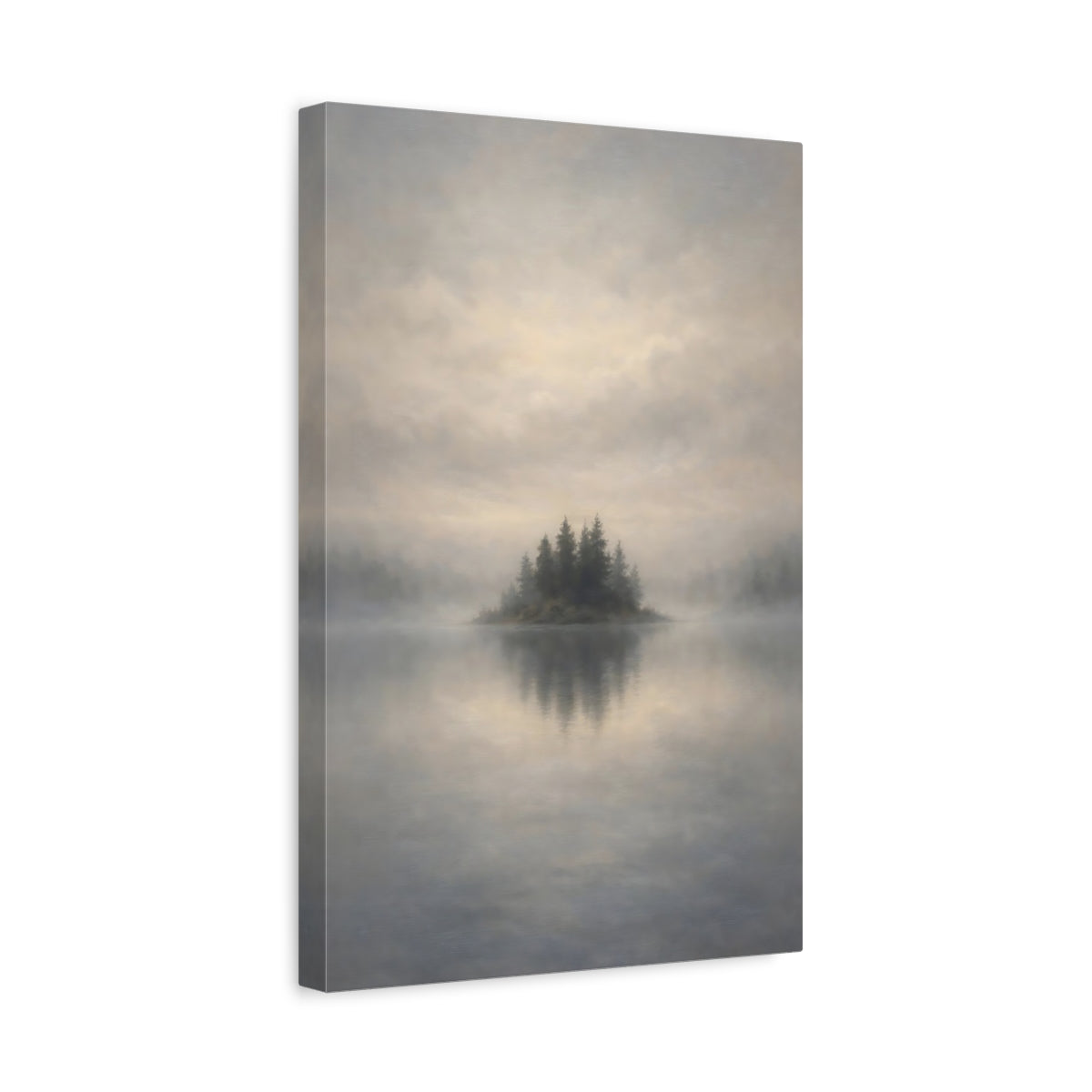 Side Mockup 4. Nature Misty Island Misty Lake Island shown as stretched canvas wall art