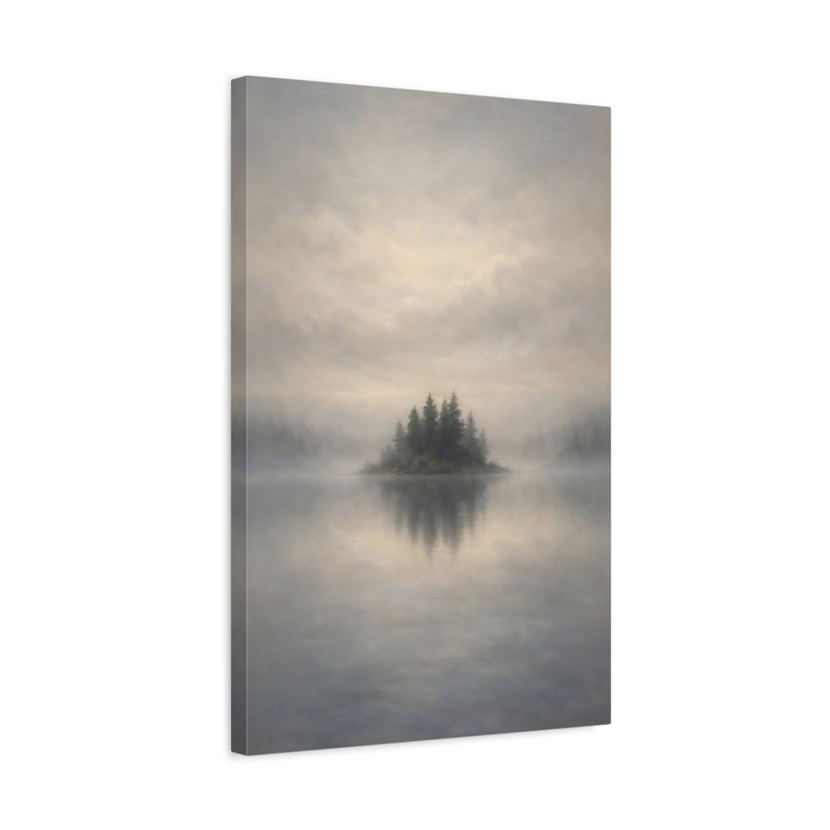 Side Mockup 3. Nature Misty Island Misty Lake Island shown as stretched canvas wall art