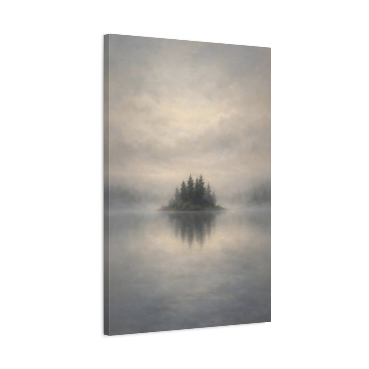 Side Mockup 2. Nature Misty Island Misty Lake Island shown as stretched canvas wall art