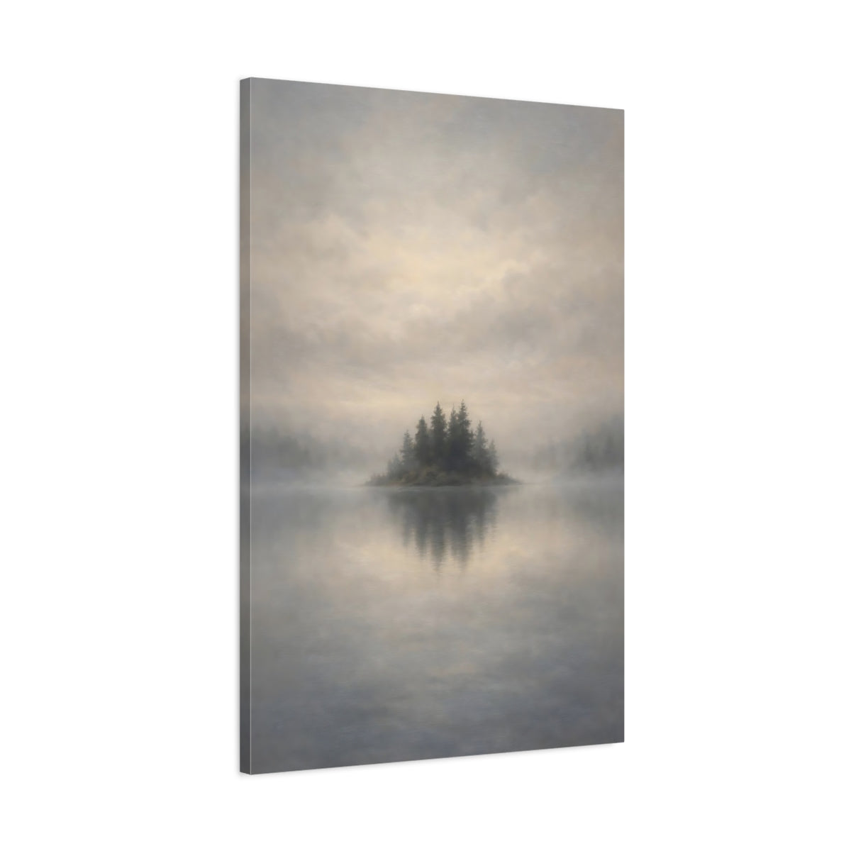 Side Mockup 1. Nature Misty Island Misty Lake Island shown as stretched canvas wall art