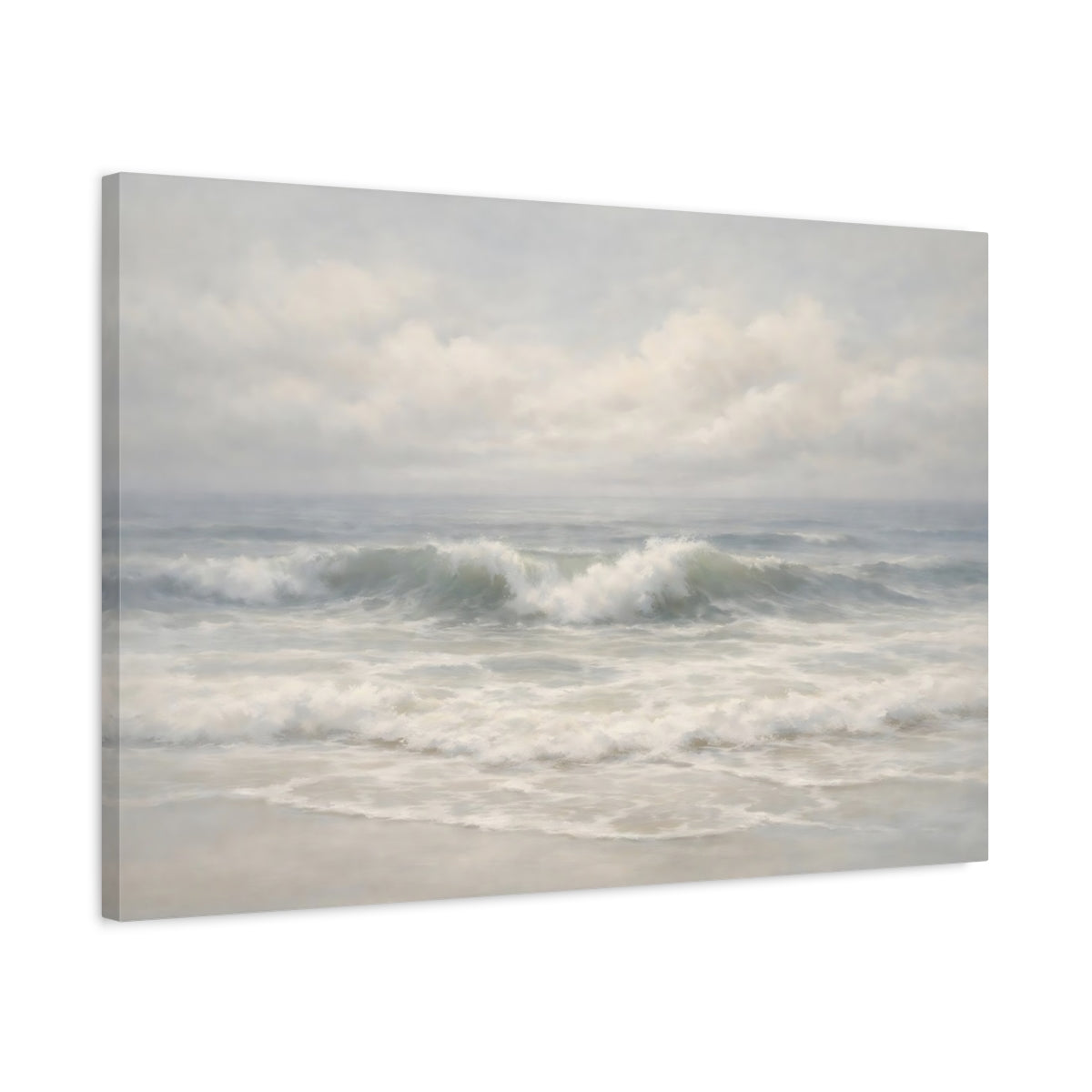 Side Mockup 2. Nature Ocean Waves Ocean Waves, Blue And White shown as stretched canvas wall art