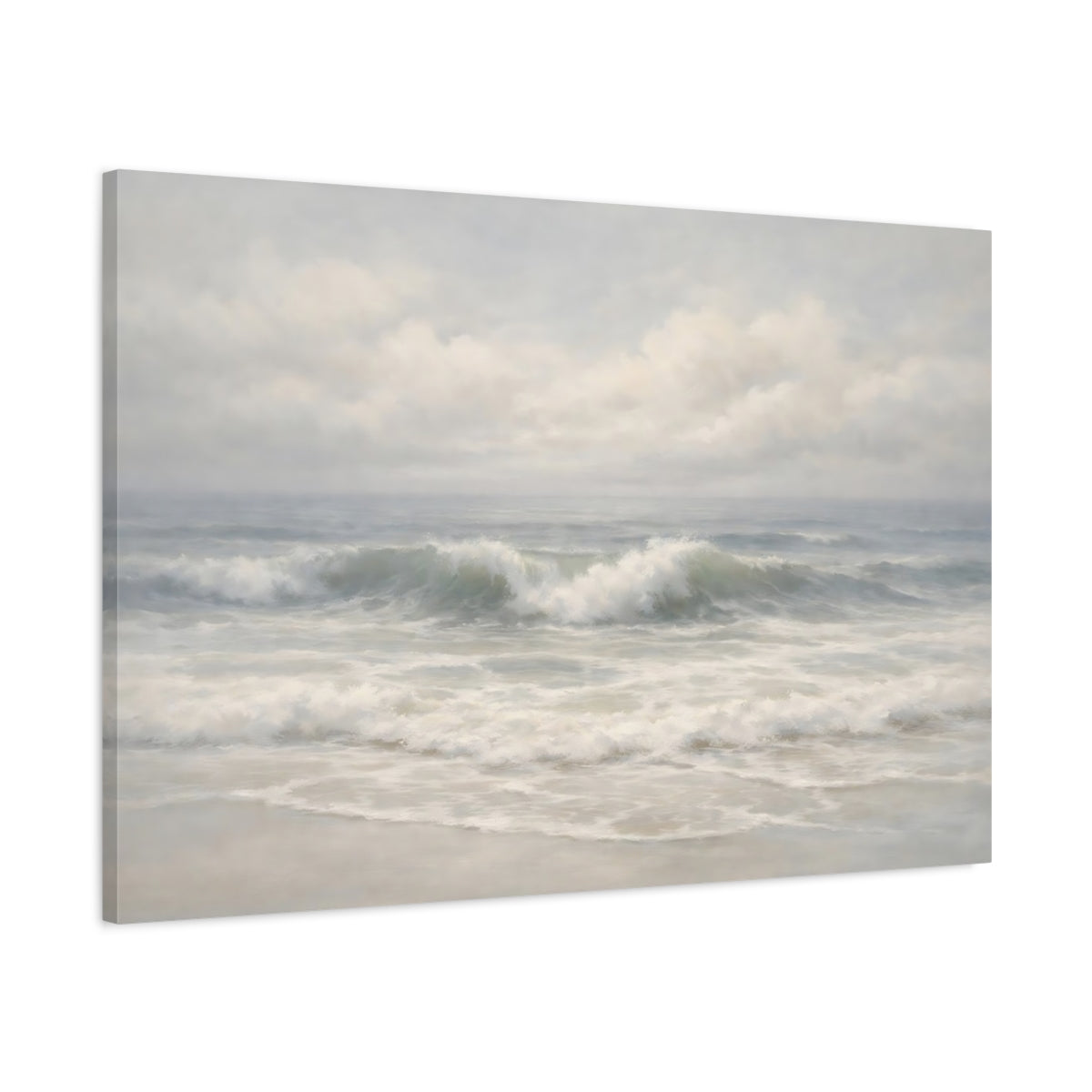 Side Mockup 1. Nature Ocean Waves Ocean Waves, Blue And White shown as stretched canvas wall art