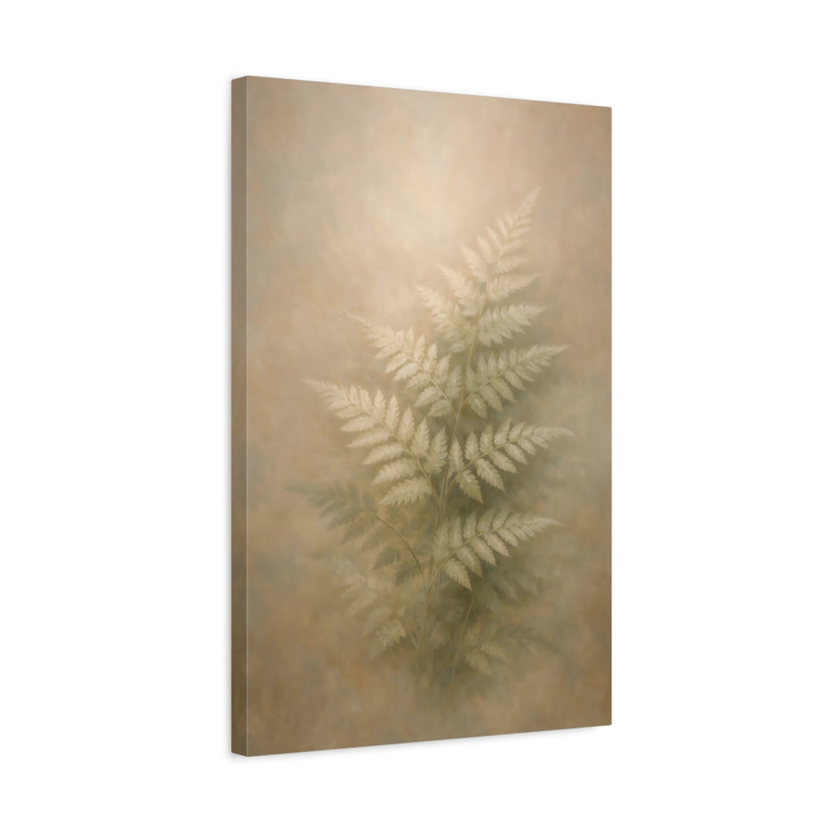 Side Mockup 3. Nature Fern Soft Green Fern shown as stretched canvas wall art