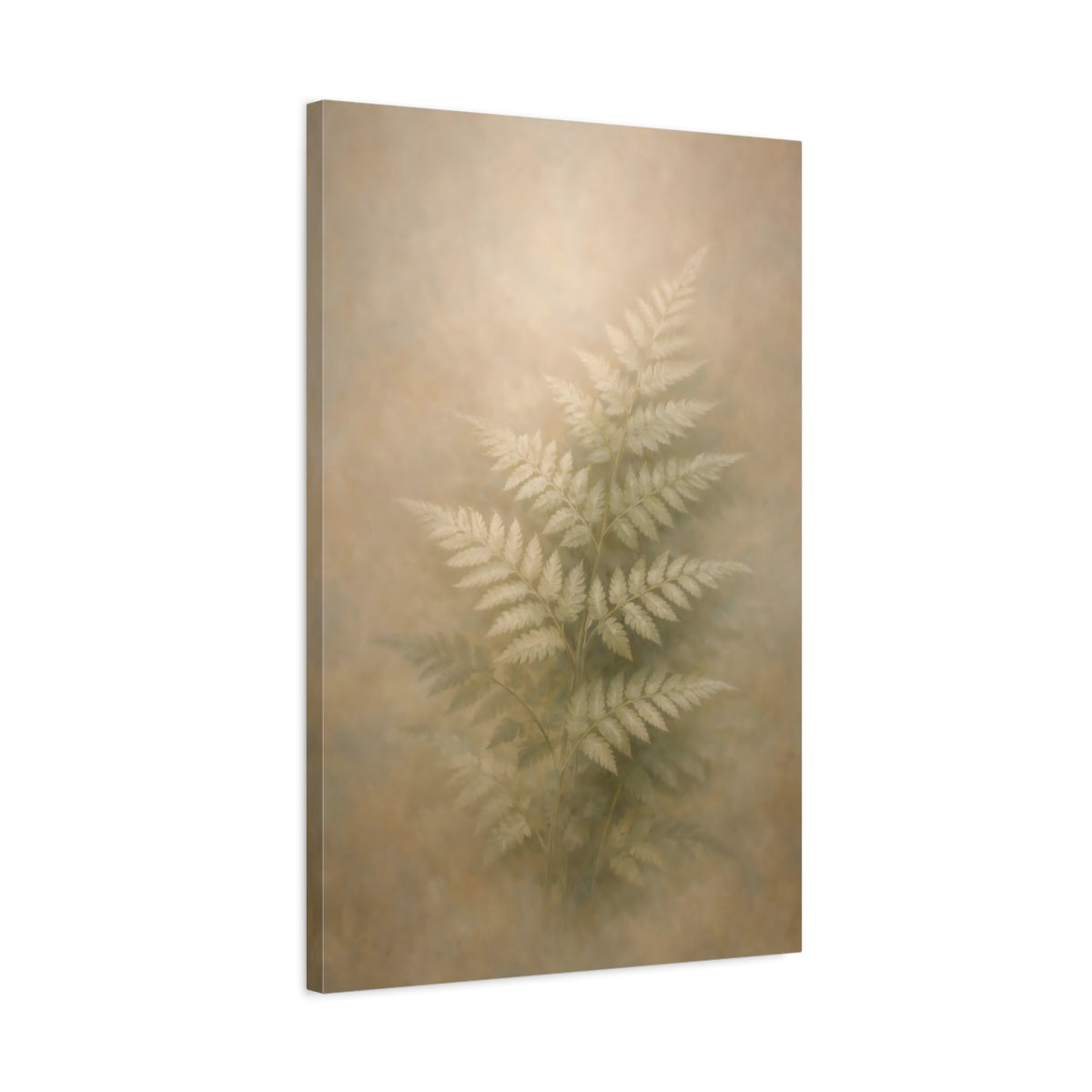 Side Mockup 2. Nature Fern Soft Green Fern shown as stretched canvas wall art