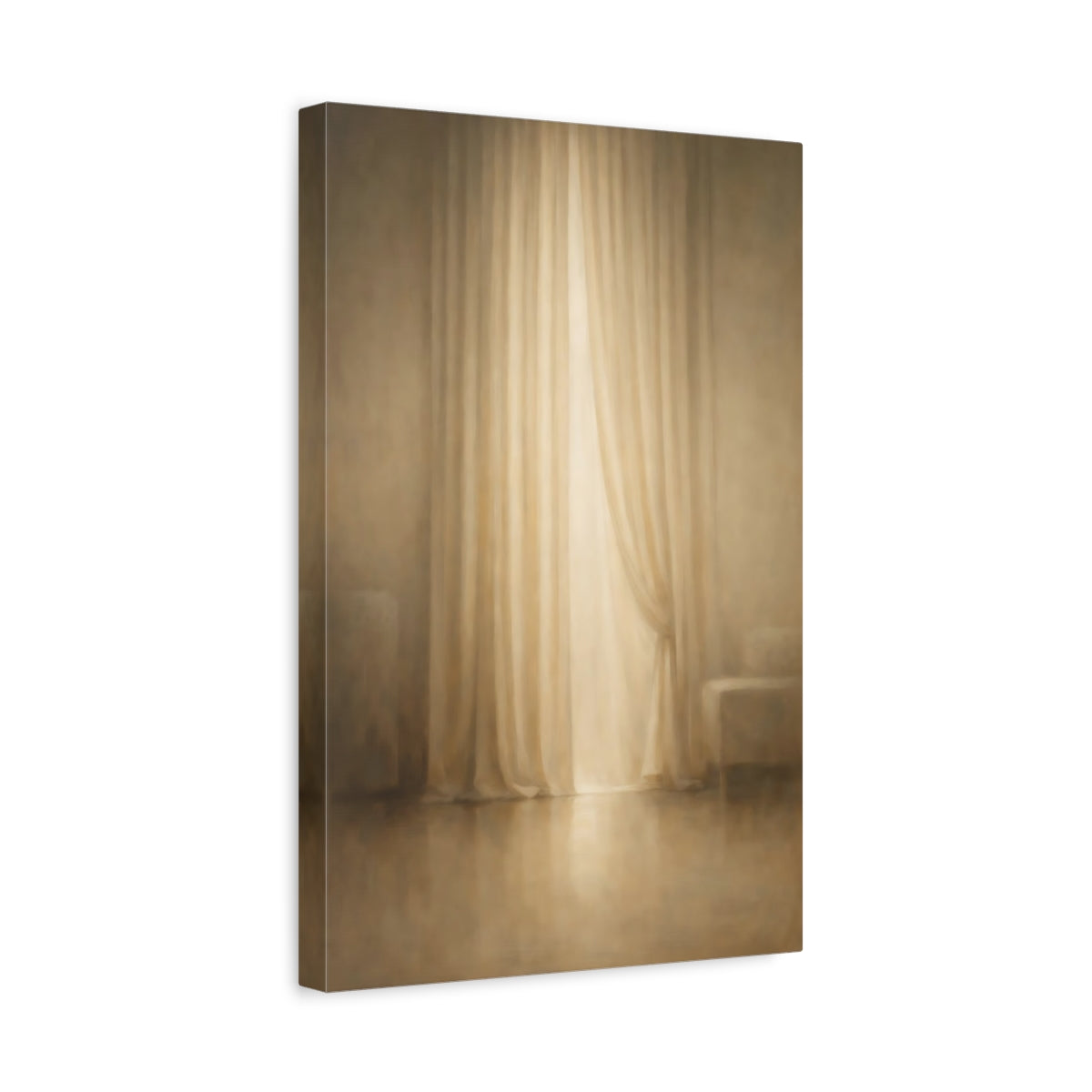Side Mockup 4. Organic Minimal Curtain Fold Light Line shown as stretched canvas wall art