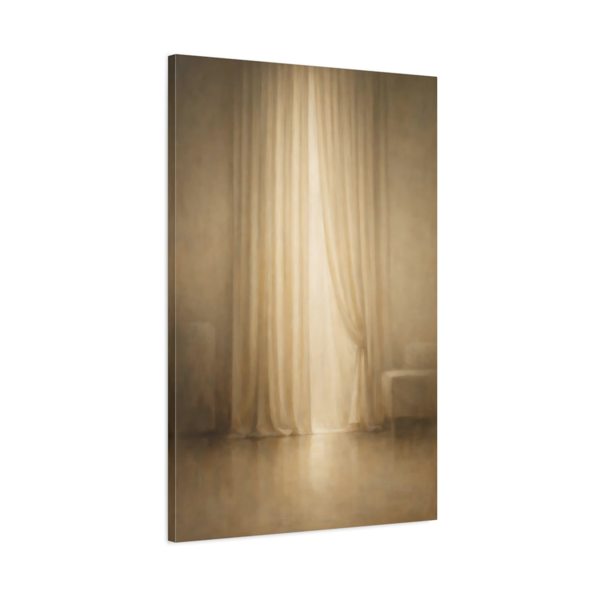 Side Mockup 1. Organic Minimal Curtain Fold Light Line shown as stretched canvas wall art