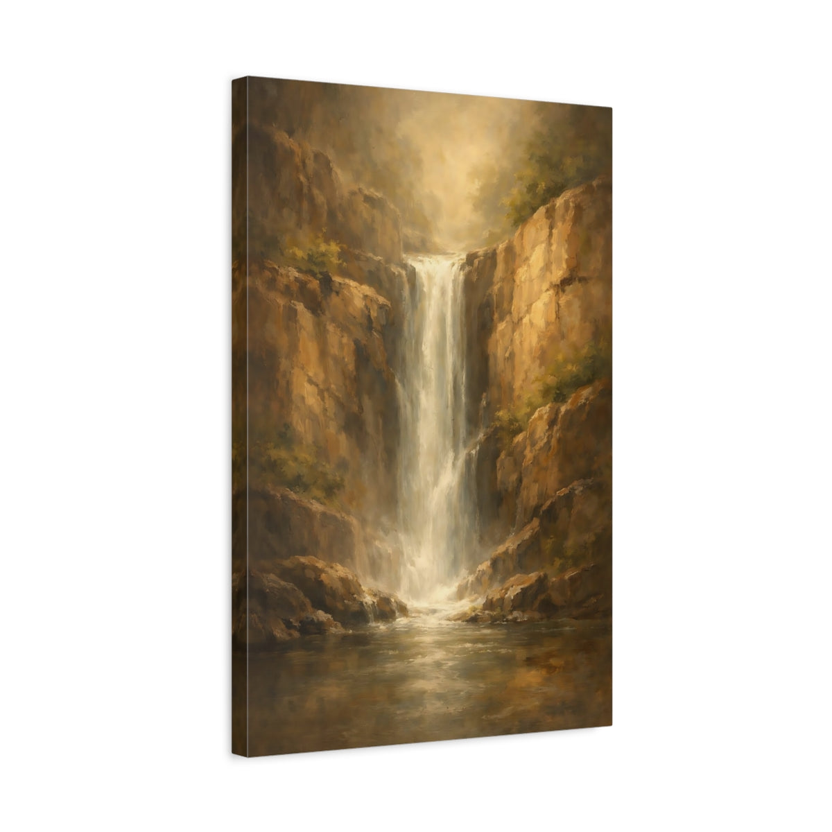Side Mockup 3. Nature Waterfall Golden Waterfall shown as stretched canvas wall art